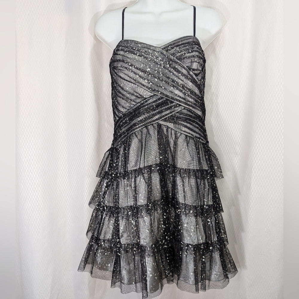 Jump Apparel Tiered-Ruffle Party or Homecoming Dress, Black/Silver, Size 13/14